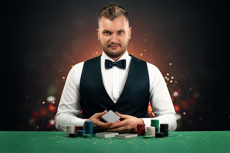 Dealer live casino tersenyum ramah saat membagikan kartu kepada pemain